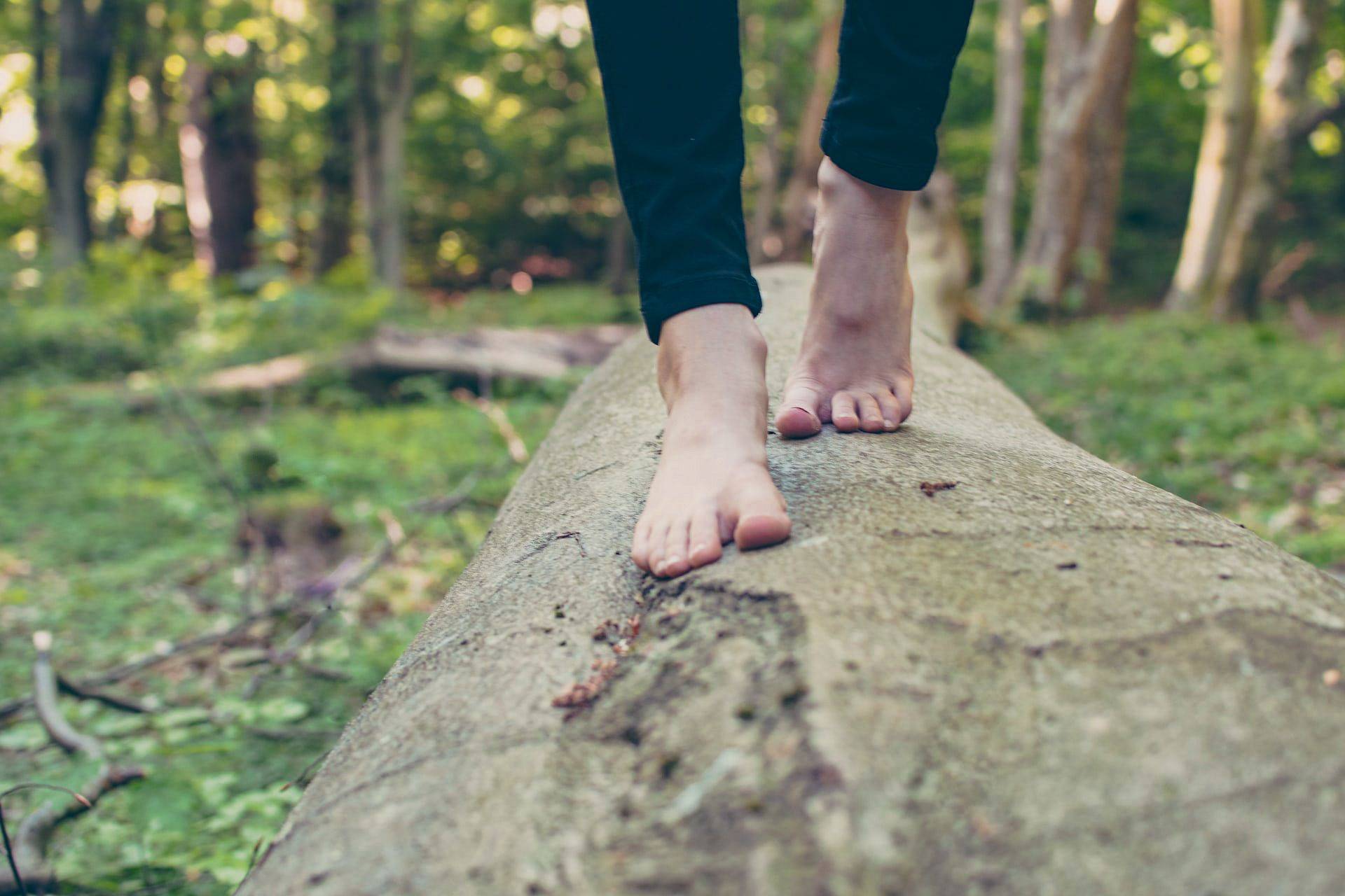 bare wart-free feet walking across a log